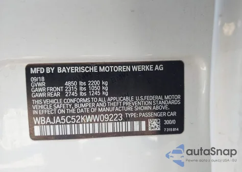 2019 BMW 530I из США, поврежденный, VIN WBAJA5C52KWW09223